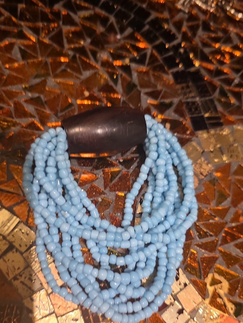 Vintage Light Blue Multi-Strand Beaded Necklace with Dark Wooden Clasp